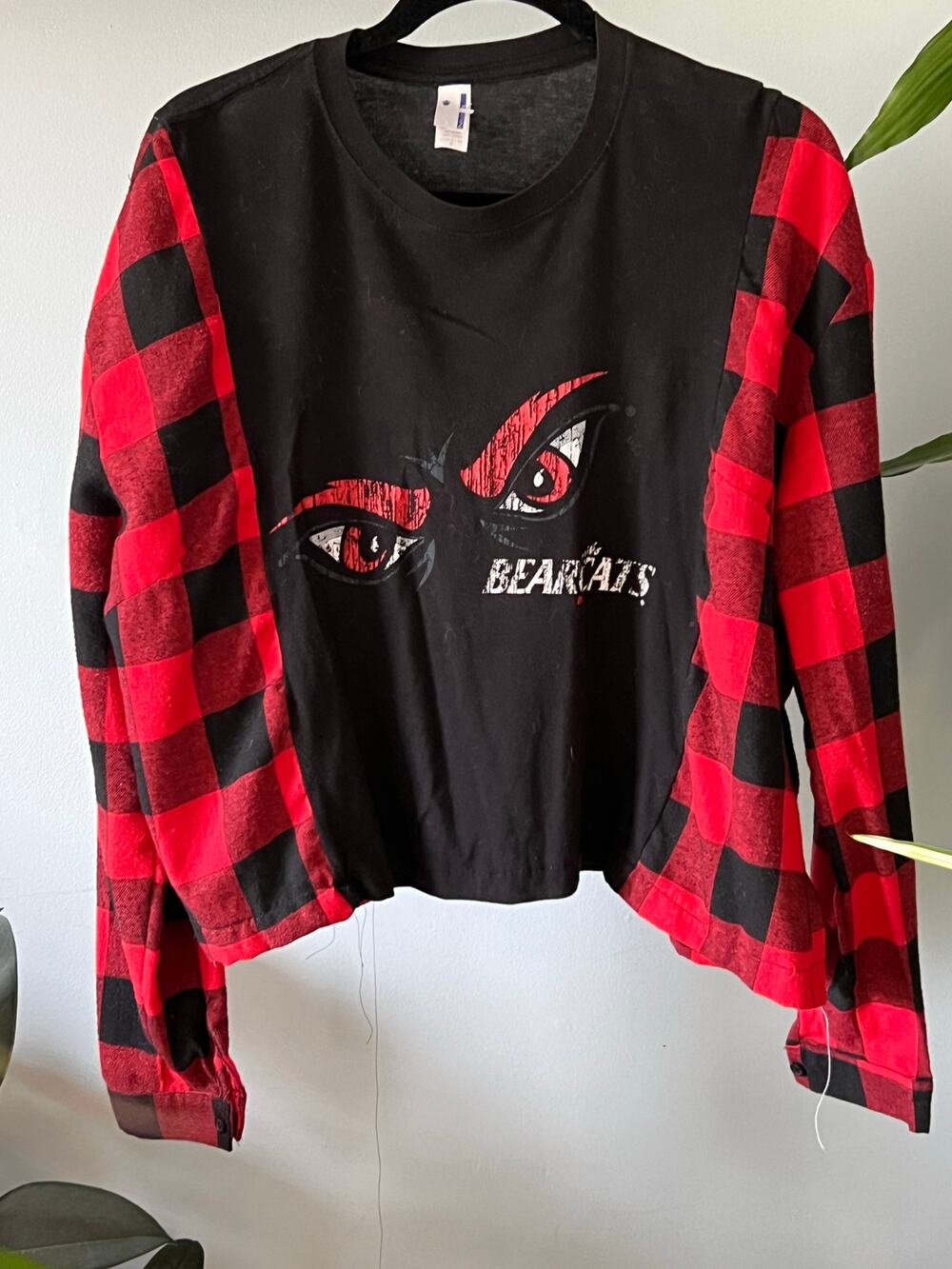 Cincinnati Bearcats plaid shirt, upcycled flannel tee combo cropped Lg